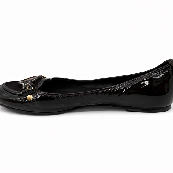 NWOT Tory Burch Dark Brown Patent Leather & Haircalf Ballet Flats Gold Hardware - Picture 9 of 17
